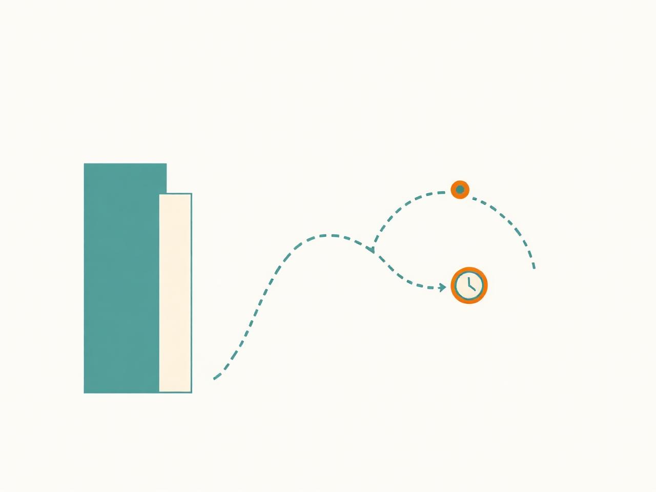 Illustration of a dashed route from an office building to a nearby café with a travel-time marker