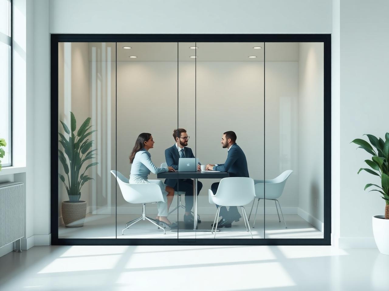 A team of four collaborating in a right-sized glass meeting room