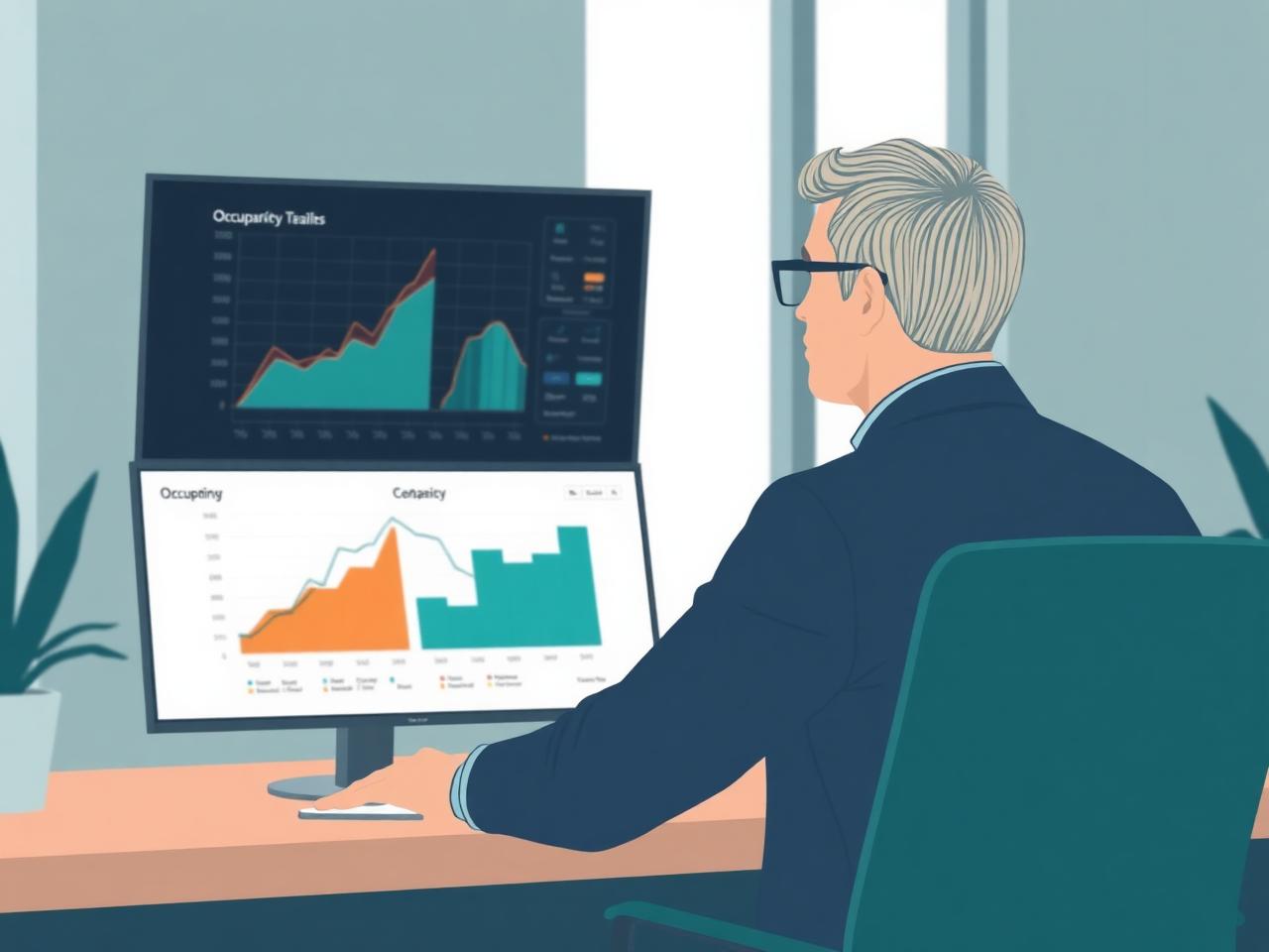 A workplace leader reviewing occupancy analytics on a large screen