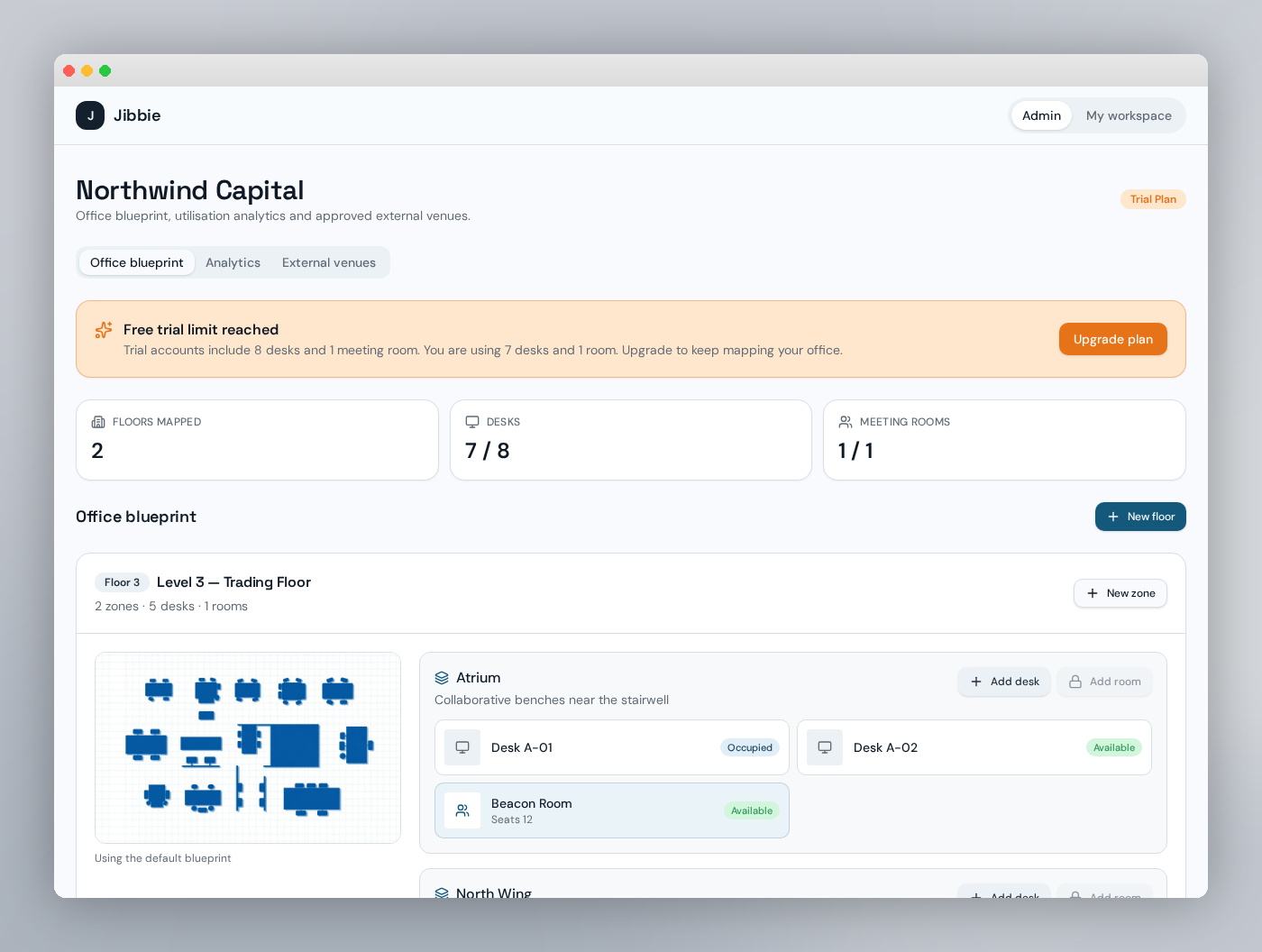 Jibbie admin office blueprint builder listing floors, zones, desks and meeting rooms