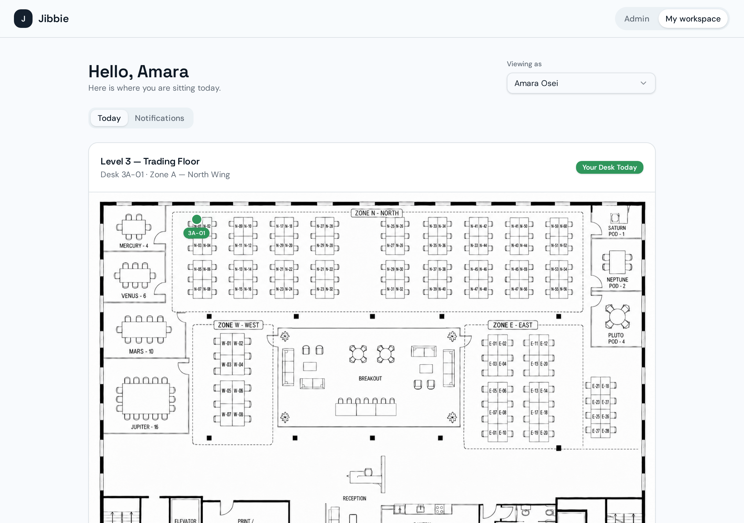 Jibbie employee view showing today's automatically allocated desk highlighted on an interactive floor plan